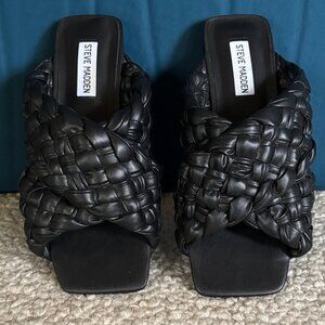 Womens Steve Madden Marina Faux Leather Square Toe Flat Sandal Black Size: 8